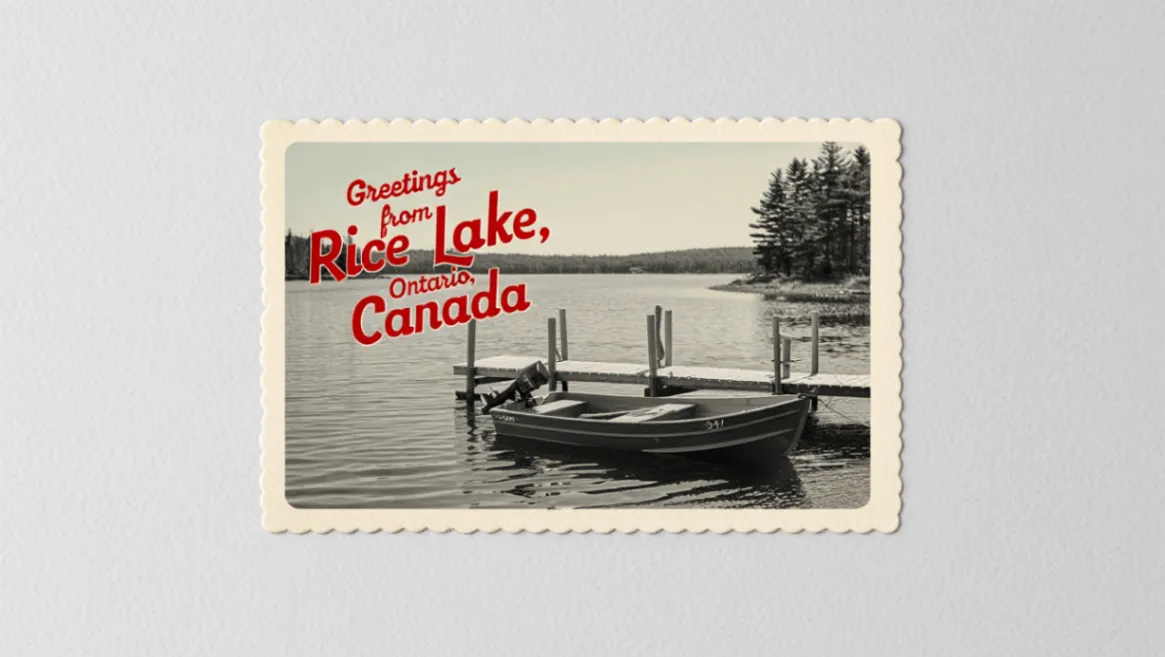 Vintage-style postcard reading Greetings from Rice Lake, Ontario, Canada, with a lakeside dock and boat